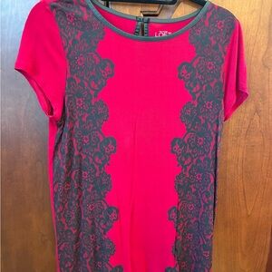 LOFT red Floral Lace-Print leather trim fairy grunge Short Sleeve Top